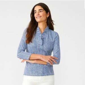 J. MCLAUGHLIN Durham Blue and White Ruffle Top 3/4 Sleeve Stretch